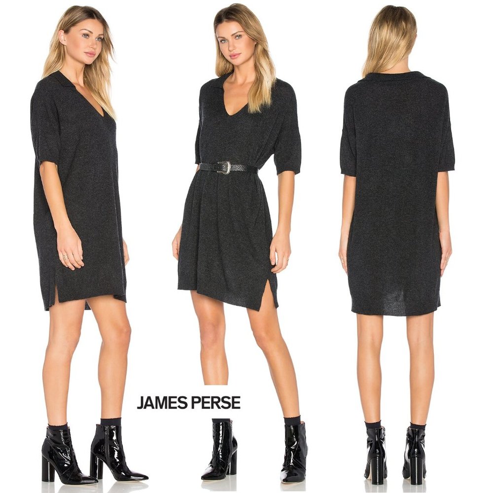 JAMES PERSE 100% Cashmere Mini Relaxed Polo Sweater Dress Gray Sz XS (0)